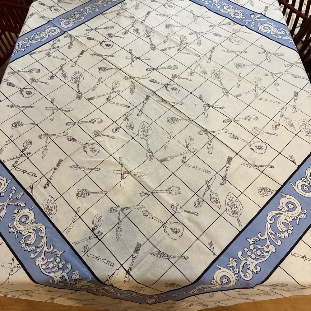 Pier One Square Tablecloth Fancy Utensils Pattern 54" X 54" Blue White Cottage